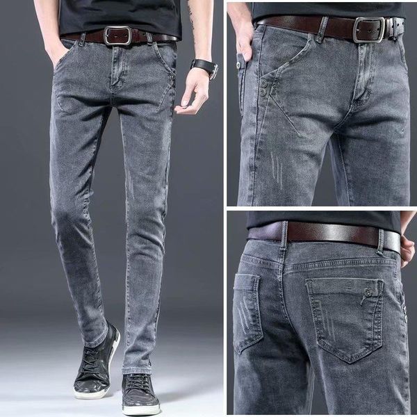 

2021 new men's stretch regular fit jeans business casual classic style fashion denim trousers male brand gray pants, Black