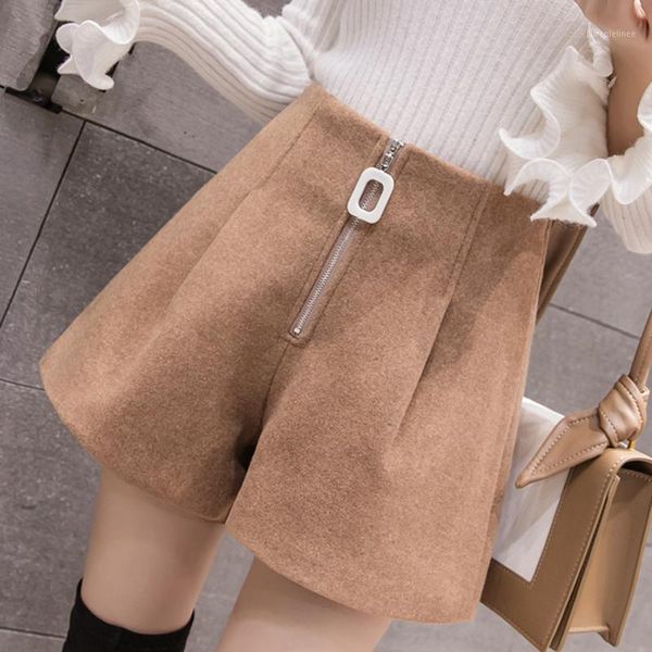 

wool blend winter shorts womens korean fashion zipper high waist wide leg shorts casual woolen boot femme streetwear1, White;black