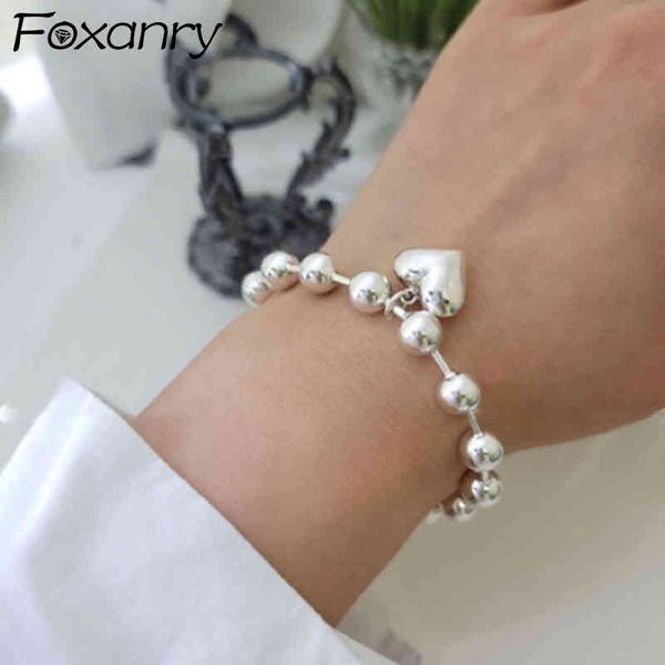 

foxanry 925 sterling silver bracelet string of beads accessories trendy sweet smooth love heart birthday party jewelry for women, Golden;silver
