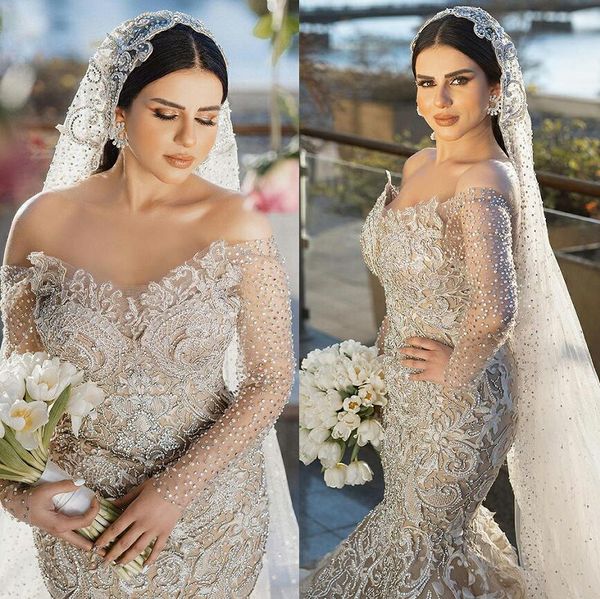 Dubai Abito da sposa a sirena di lusso 3D Applicazioni in pizzo Illusion Off spalla Manica lunga Abiti da sposa De Soiree Perline couture turche Custom Made