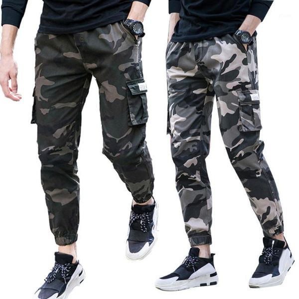 

camo men thin multi-pocket ankle tie elastic waist straight cargo pants trousers1, Black