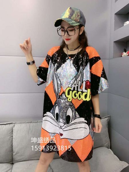 

cargo net red ins2020 summer new large loose skinny medium length short sleeve heavy sequin dress, Black;gray