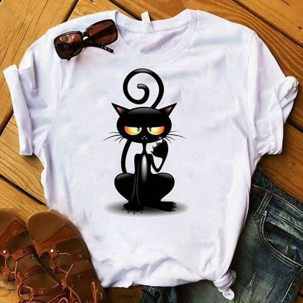 

cartooon balck cat print women tshirt summer harajuku short sleeve t shirts funny casual woman halloween shirts, White