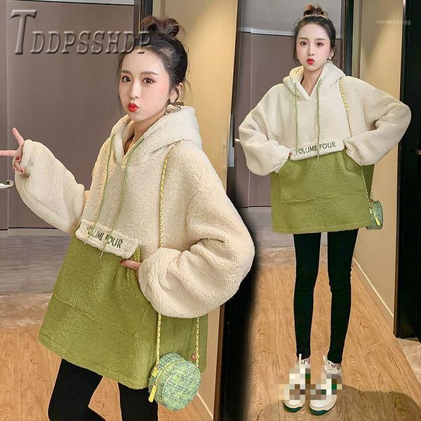 

2019 imitation lambswool thick women sweatshirt hooded patchwork female sweatshirts1, Black
