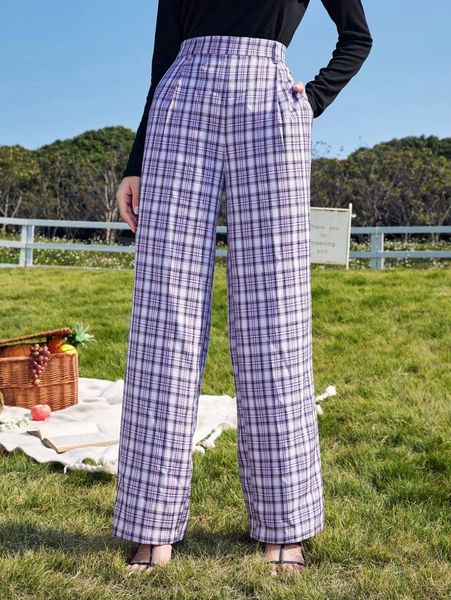 

high waist plaid wide leg pants o6qp#, Black;white