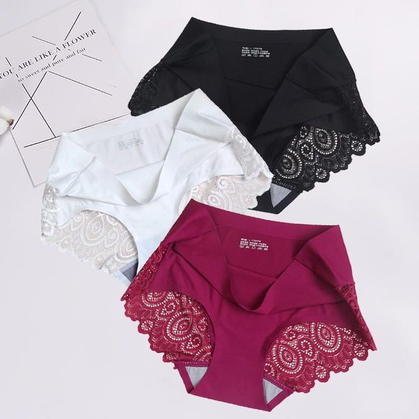 

women ice silk panties seamless briefs low waist cotton lace briefs lingerie comfortable underwear 3pcs/lot panty #d1, Black;pink
