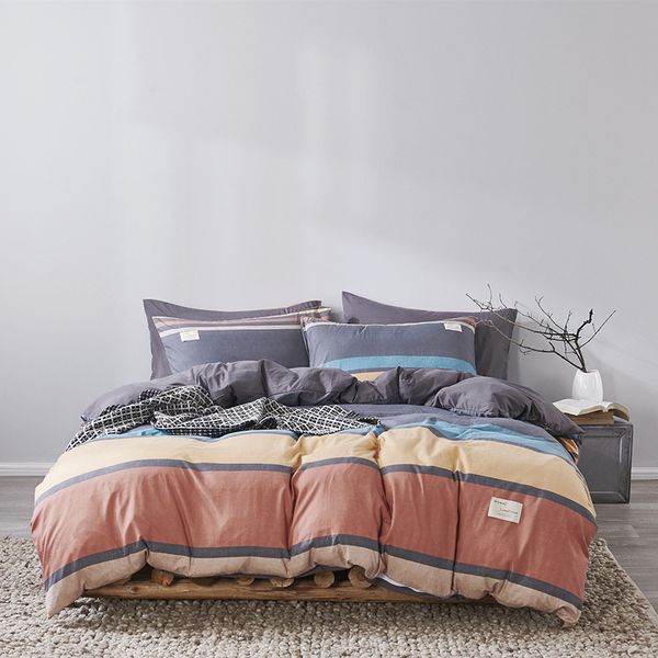 

simple plaid bedding muji-style cotton usa bed covering good washed cotton fitted bed sheet four-piece bed sheet bedding set q1215