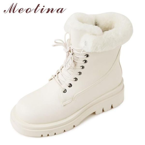 

meotina motorcycle boots women shoes platform high heel warm ankle boots zipper cross tied block heels short winter 42 43, Black