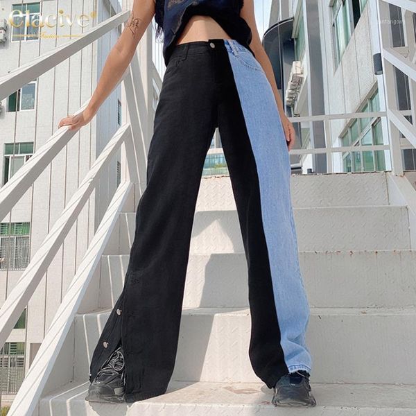 

clacive wide leg casual woman jeans loose color block palazzo pants trousers women button black blue cotton ropa mujer 20201, Black;white