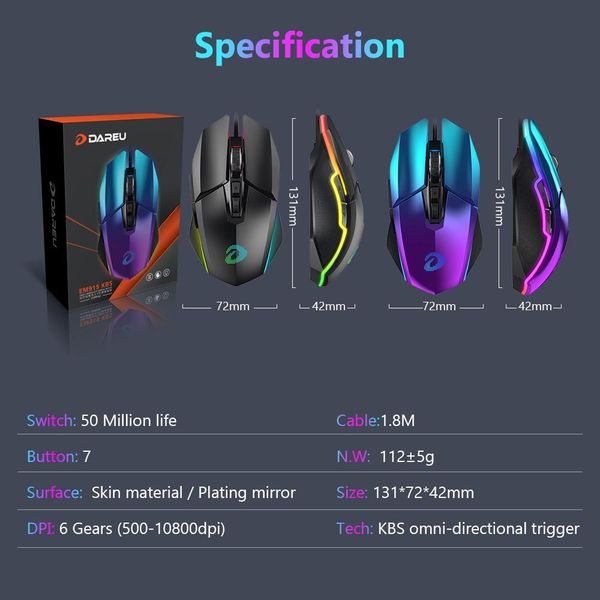 

dareu em915 rgb gaming mouse mouse pmw3336 10800 dpi 50 миллионов life 7 button mice с кнопками kbs omni направленный триггер для gamer h wm