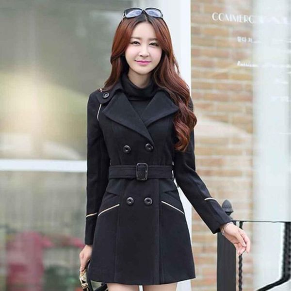 

plus size m-3xl autumn winter wool jacket women double breasted coats elegant overcoat basic coat pockets woolen long coat#j311, Black
