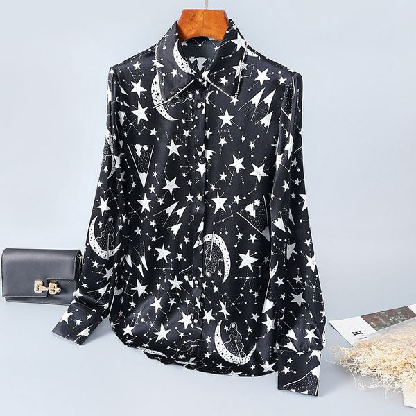 

2020 spring new temperament long sole breasted cardigan of female lapel stars printed silk shirts g552, White