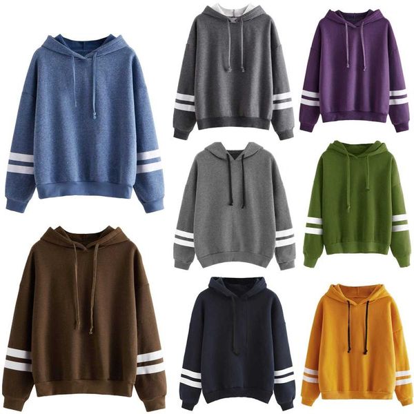 

women hooded stripe cotton sleeve blouse fashion sweatshirt, Black