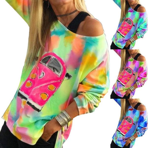 

плюс размер женщин с длинным рукавом один плечо красочные печати свободная блюсельная футболка ручная ручная обработка полиэстер regelmatige, White