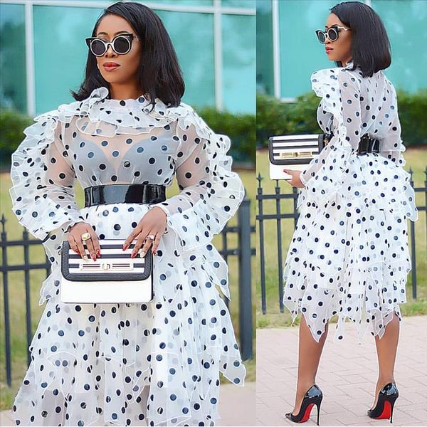 

female new polka dot two piece set organza oversize blouse irregular midi skirt set plus size womens 2021 spring summer fashion, Gray