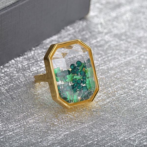 

european and american exaggerated zircon jewelry personality square ring creative color crystal ring women's geometric1, Golden;silver