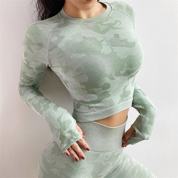 

t-shirt fashion trend gradient long sleeve sports short female new navel back fitness skinny casual tshirt women seamless yoga, White