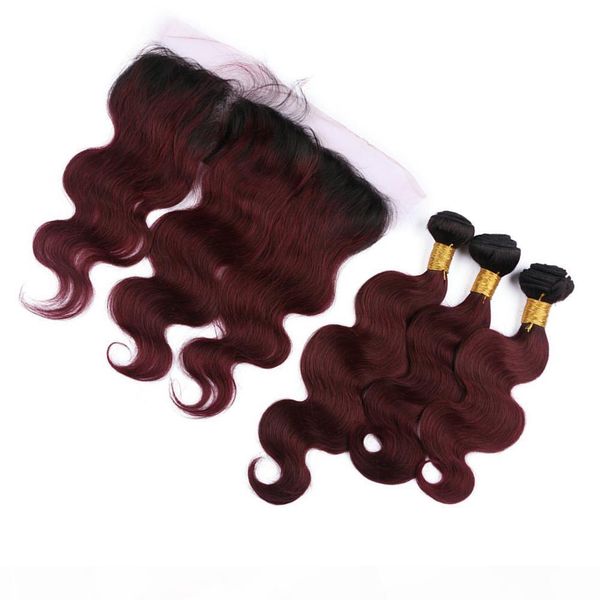 

burgundy ombre hair with lace frontal two tone dark root 99j body wave with lace frontal 99j hair bundles with lace frontals, Black;brown