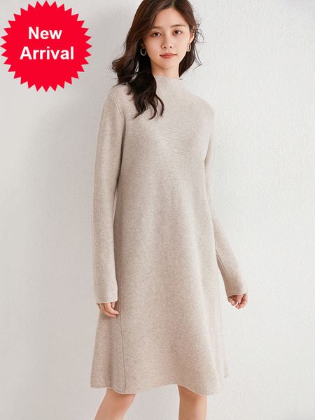 

2021 new 100% woman's pure wool knitted or crocheted thick knee to line in winter dress full sleeve and a soft long shirt qmra, Black;gray
