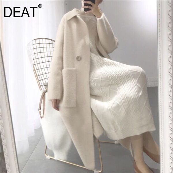 

[deat] 2020 fast delivery korean fashion wild vintage solid color lapel loose single breasted women woolen coat lj201110, Black