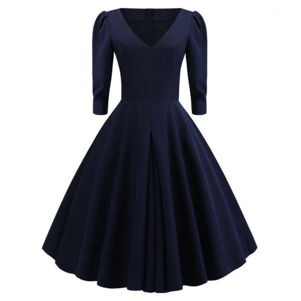 

2020 spring autumn women simple a-line dress v-neck 3/4 sleeve knee-length dress elegnat women casual solid vestidos navy blue1, Black;gray
