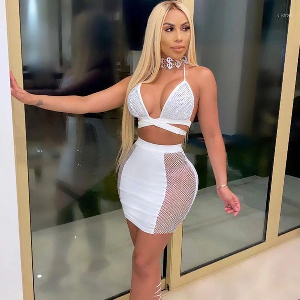 

party club 2 piece skirt set for women rhinestone sparkly halter co-ord sets backless festival clothes matching sets outfit1, Gray