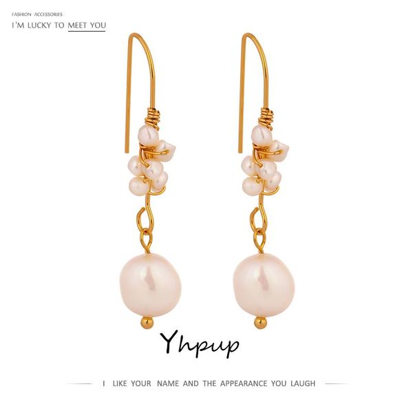 

yhpup trendy original natural pearls dangle earrings copper luxury baroque manual jewelry for female bride jewelry gift 2020, Silver