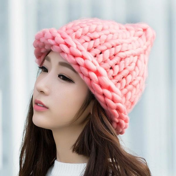 

girl winter warm hat handmade knitted coarse lines cable hats knit cap beanie crochet caps women accessories bbyrto bdehome, Black;white
