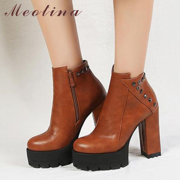 

meotina winter ankle boots rivets high heel platform boots pu leather motorcycle zip short shoes red yellow plus size 9 10, Black