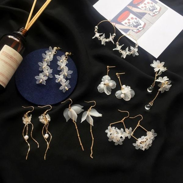 

dangle & chandelier south korea fashion sen is a flower earrings temperament long joker female eardrop fresh petals white, Silver
