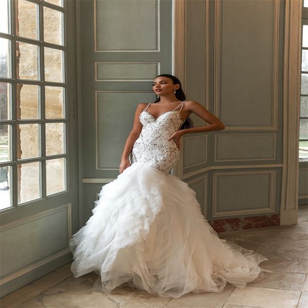 

luxury mermaid wedding dress spaghetti strap sequins beads bridal gown tiered ruffles tulle custom made vestidos de novia, White