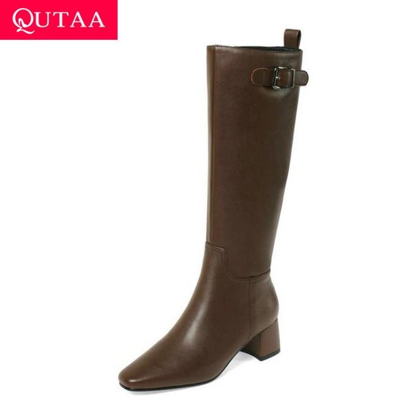 

boots qutaa 2021 buckle zipper fashion knee high cow leather pu ladies long square heel winter women shoes size 34-39, Black