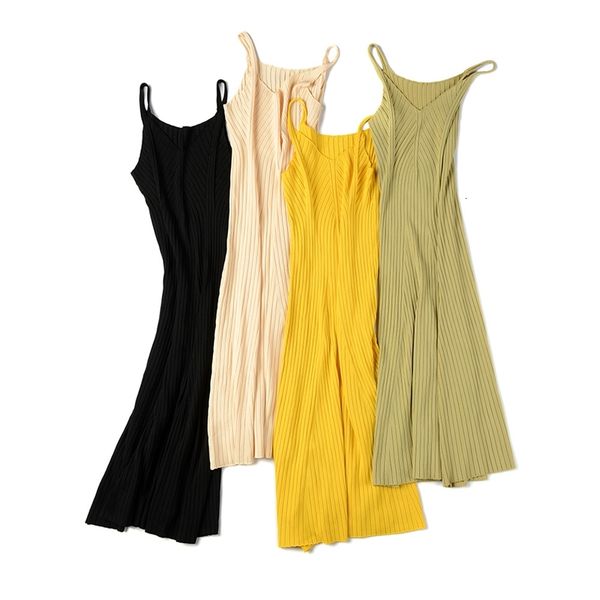 

new spring summer fashion ice silk women's pleated long dresses slim waist rib knit dress straps bottoming popular tank ke5c, White