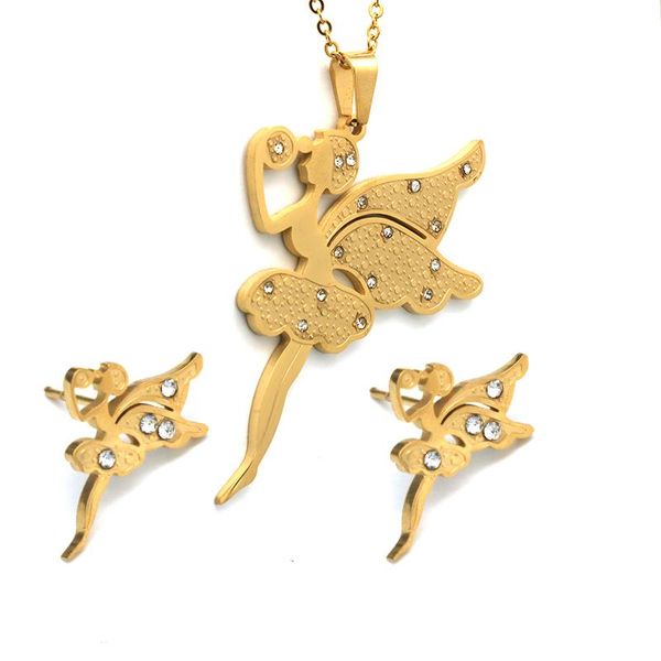

ballet ballerina dancer girl necklaces & pendants souvenir gift women crystal stainless steel jewelry sets, Silver