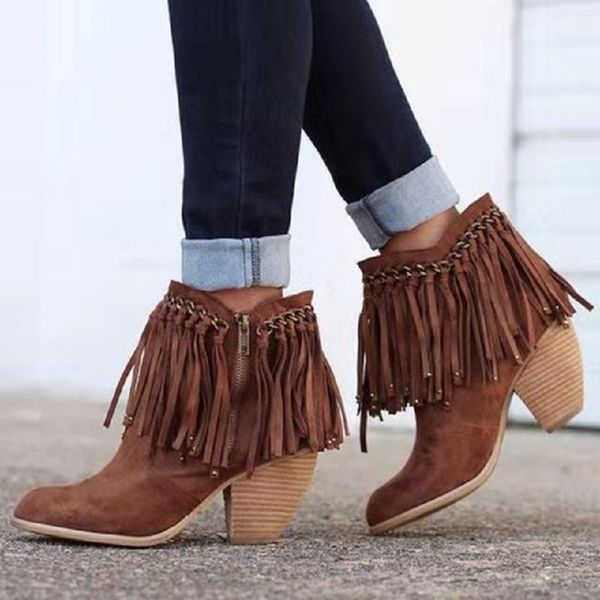 

boots ankle for women autumn winter high heels fringe ladies shoes platform booties punk female zapatos mujer, Black