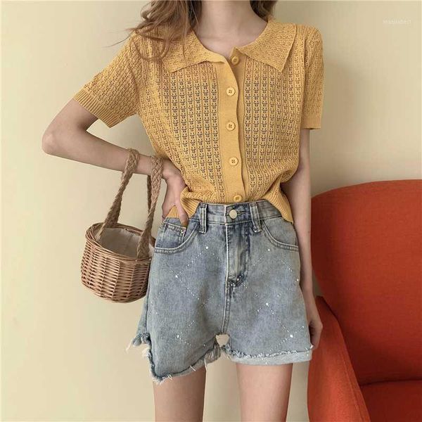 

serafina 2020 slim knitwear t-shirt women hollow short sleeve loose classic ins korea style purple/yellow/green1, White