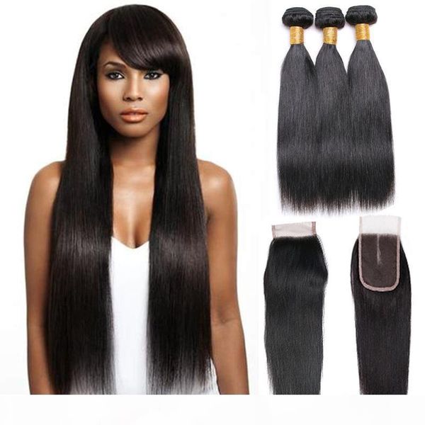 

brazilian hair weave 3 bundles 7a grade brazilian straight human hair bundles with lace closure 100% human hair extension natural color, Black