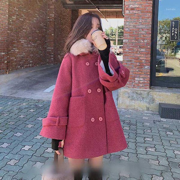

spring women solid fur collar wool long sleeve coats lady pockets a-line outwear female double dreasted casual coats1, Black