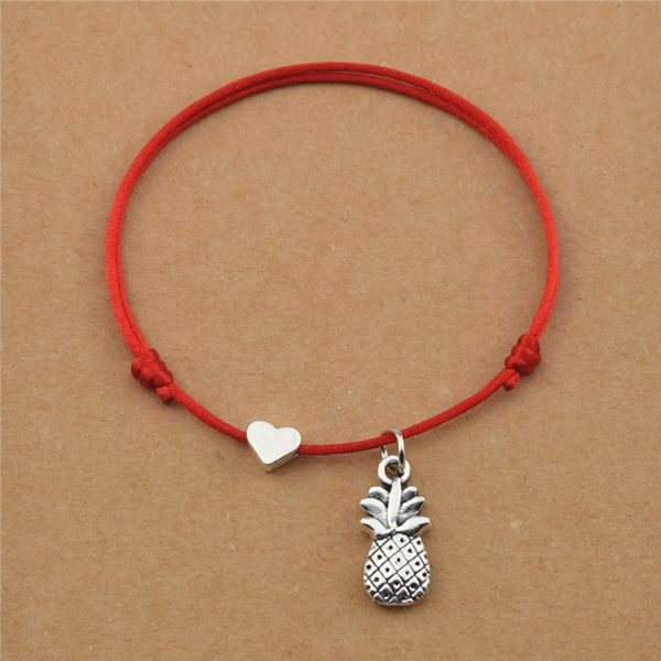 

handmade lucky red cord black rope tropical fruits ananas pineapple pendant heart charm bracelets for women men couple jewelry, Golden;silver