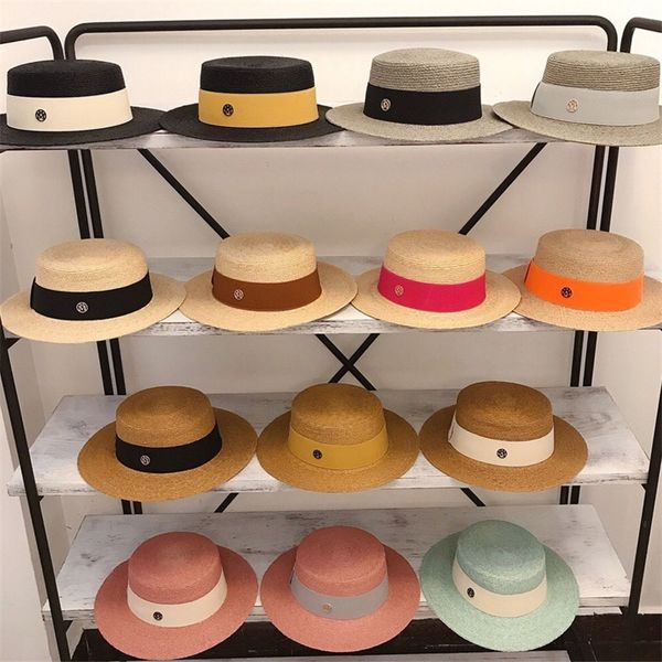 

elegant wide brim boater hat summer raffia hat women straw sun hat flat straw fedoras derby with interchangeable colored bands y200714, Blue;gray
