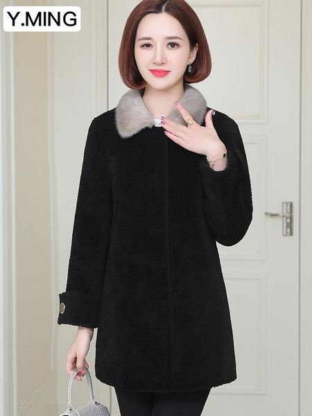 

women's fur & faux cashmere coat 2021 winter one small granule lamb, Black