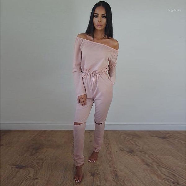 

women's jumpsuits & rompers 2021 fashion women autumn plus size s-2xl off shoulder strapless long sleeve hole jumpsuit outfit combinais, Black;white