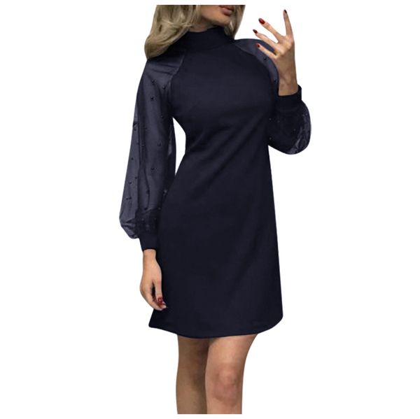 

women mesh long sleeve dress panelled crew neck solid slim fit dresses ladies pack hip clothing, Black;gray
