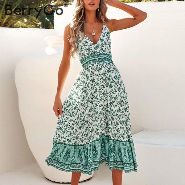 

casual dresses berrygo women floral print sleeveless summer dress spring streetwear ladies long high waist cotton v-neck boho1, Black;gray