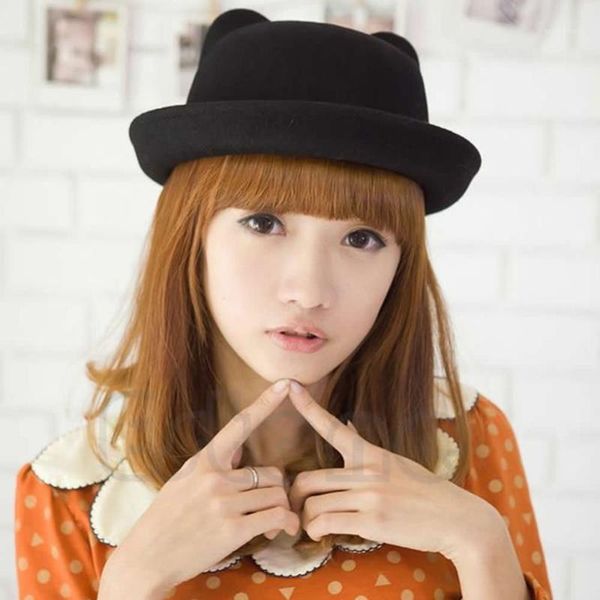 

Elegant Fedoras Hats With Ears Round Wide Brim Bucket Hat Sombrero Feminino Spring Autumn Woolen Felt Hats For Women 4 Colors1, Blue;gray