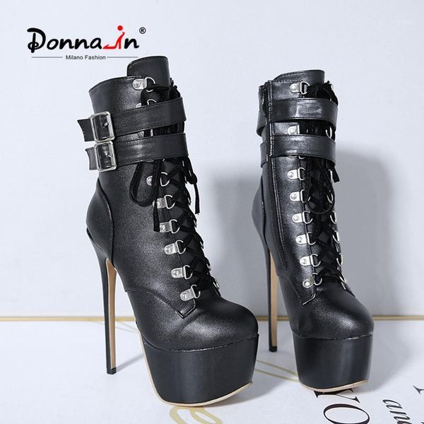 

donna-in platform high heels women boots 2020 new fashion winter lace-up stiletto buckle boot cool women's shoes large size1, Black