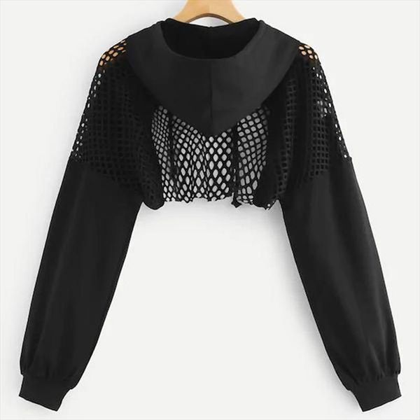 

women new fashion mesh splicing see through crop hoodie sweatshirt long sleeve bare midriff pullover hoodies, Black
