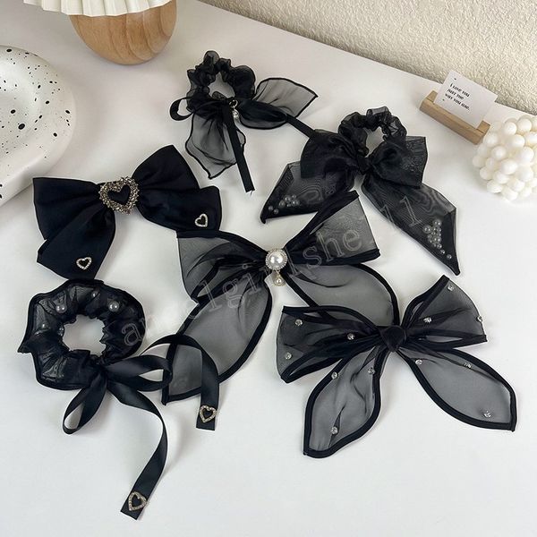 

organza bowknot hairpin hair ring japanese and korean style black mesh spring clip fashion personality hair accessories trend, Slivery;white