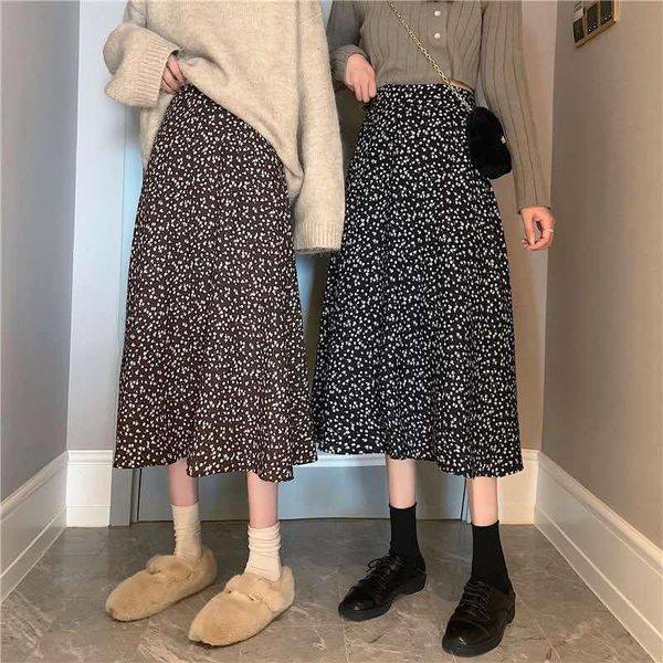 

skirts women 2021 autumn winter floral print midi female casual elegant loose elastic waist clothes ladies a-line skirt a321, Black