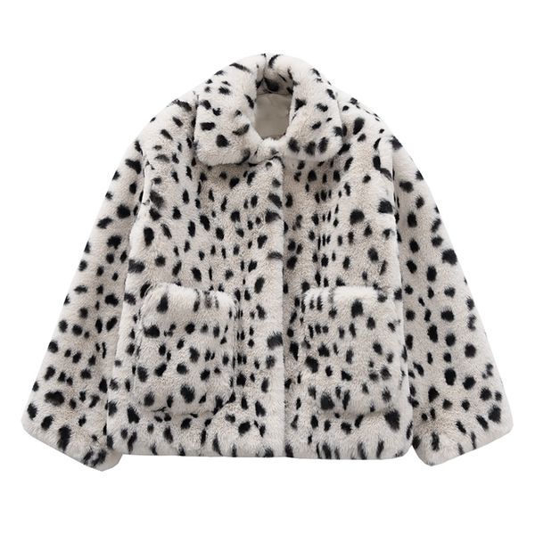 

perhaps u women beige faux fur coat outwear button warm thick turn down collar pocket leopard c0368 201110, Black